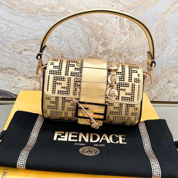 FENDI x VERSACE Fendace Logo Metallic Brooch Baguette NM Zucca Leather Mini Bag - Picture 15 of 15